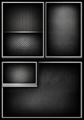 Four black and gray textured panels, arranged in a grid, featuring metallic, perforated, and subtle pattern details.  Silver outlines frame the sections
