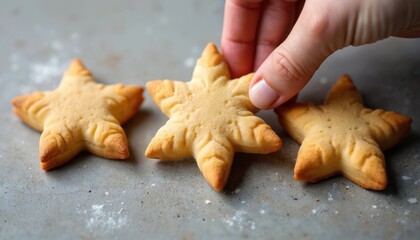 Golden star cookies arranged in rustic still life setting. Hand reaching for one cookie. Textured surface, warm lighting, delicate details suggest quality baked goods. Perfect for food blogs,