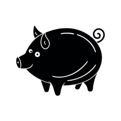 Simple Illustration of a Black and White Cartoon Pig with Curly Tail