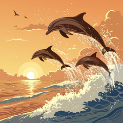 Playful Dolphins Jumping During a Golden Sunset.