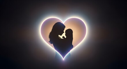A Mother's Love: Silhouette of a mother and child embraced within a glowing heart, symbolizing unconditional affection and maternal bond.