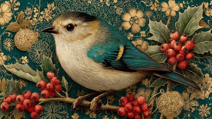 Vintage illustration of a beautiful bird perched on a holly branch with metallic gold accents, surrounded by detailed Christmas decorations, snowflakes, and festive elements in classic style