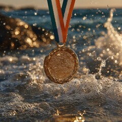 Gold medal emerging from ocean waves