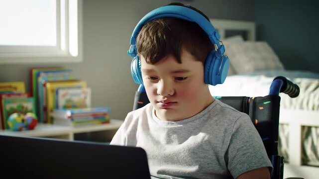Boy in Wheelchair Learns with Headphones and Laptop