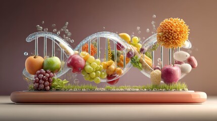 Colorful Fruits and Vegetables in DNA Double Helix Structure