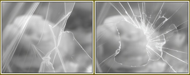 Gray-scale image of cracked glass, possibly a shattered screen or window, with a blurred or veiled figure behind it
