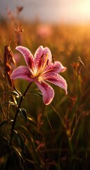 A vibrant pink lily bathed in golden sunlight