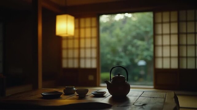 Serene Japanese Tea Room with Tranquil Garden View and Warm Lighting.