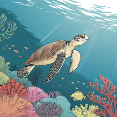 Sea turtle swimming gracefully over a vibrant coral reef.