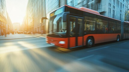 Naklejka premium city bus with bright contrast signage, low-floor design for easy wheelchair access, traveling through an urban environment, softly blurred background