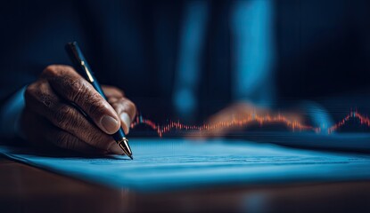Close-up of a person writing on documents, with financial data visible in the background