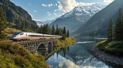 A high-speed train crosses a scenic mountain valley bridge over a tranquil lake, reflecting the surrounding snow-capped peaks.
