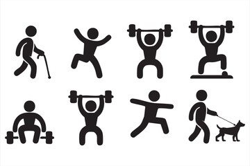Fitness icons set with weightlifting, stretching, and exercise silhouette pictograms