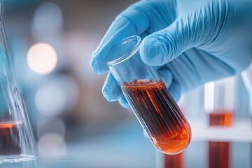 Gloved hand holds a test tube with reddish-brown liquid in a lab setting