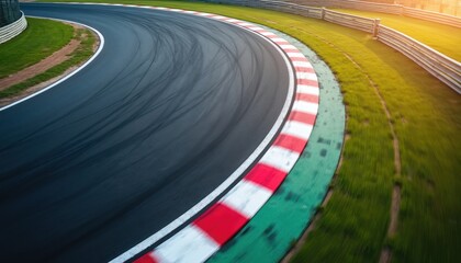 Aerial view of a dynamic motorsport circuit asphalt track with red and white curbs. Green grass borders the curved racing lane showing tire marks from past high-speed action.