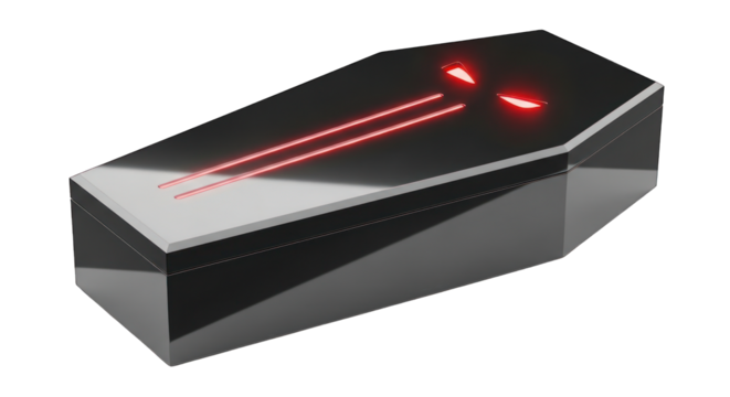 Futuristic coffin with red glow on transparent background