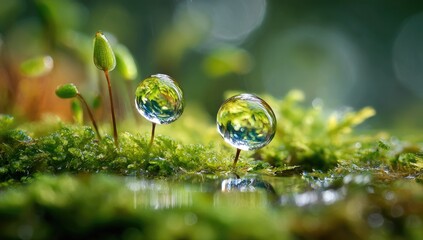 Dewdrops on moss, vibrant green, macro