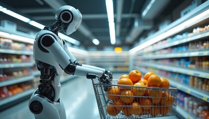 Robot arm navigates modern supermarket aisle, pushing cart filled with oranges. Automation, artificial intelligence transform retail shopping. Future of efficient, robotic grocery fulfillment. AI in