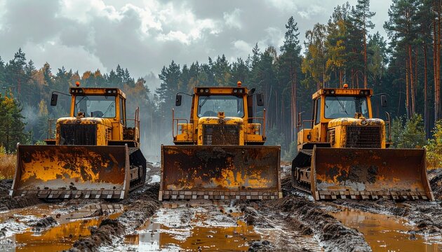 Heavy bulldozers on muddy construction site near forest