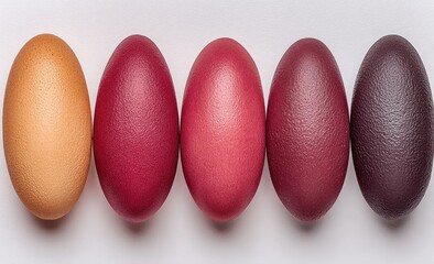 Five dyed eggs in a gradient of reddish-burgundy hues, from light beige to deep purple, arranged in a horizontal row against a white background