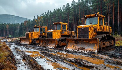 Heavy bulldozers on muddy construction site near forest