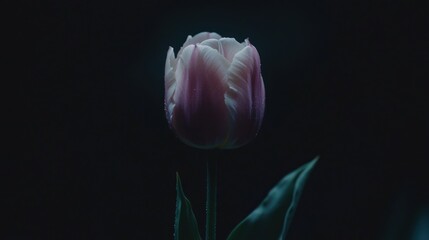 Ethereal beauty captured in a single tulip on a dark canvas in natural light and dew drops