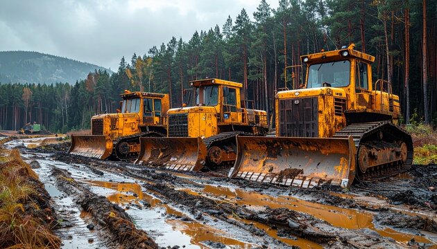 Heavy bulldozers on muddy construction site near forest - Powered by Adobe