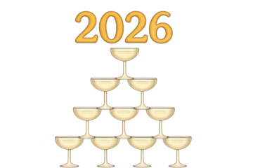 Champagne glasses forming pyramid for new year's eve 2026 celebration on transparent background