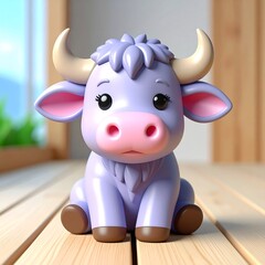 Cute, purple yak figurine on wooden surface