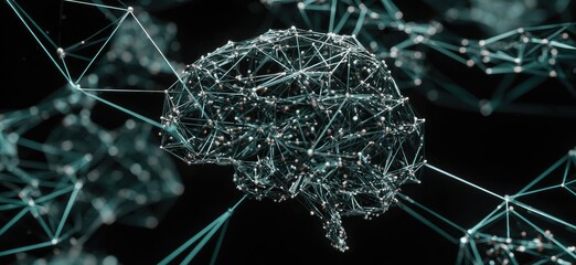 A teal-toned, digital rendering of a brain, composed of interconnected lines and dots, set against a black background. Complex network structure, suggestive of neural pathways and connections