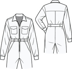 Flat vector CAD illustration of long sleeve jumpsuit with zipper front, patch pockets, belted waist, collar, front and back technical sketch © Hey There