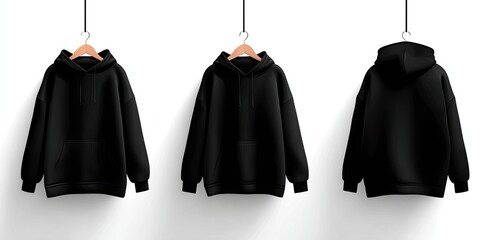 Three black hoodies hanging on wooden hangers against a white background