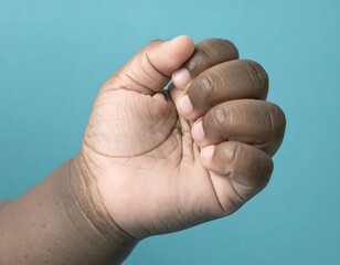 Close-up of a clenched hand against a blue backdrop