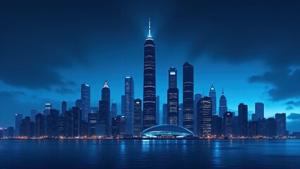 Obraz premium A nocturnal cityscape panorama, showcasing a cluster of skyscrapers illuminated in cool blue hues against a twilight sky, reflected in calm waters. 