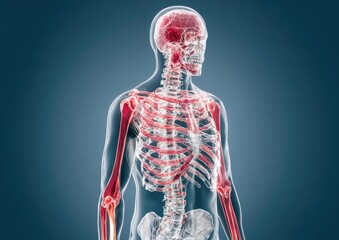 3D anatomical illustration of a human skeleton with highlighted muscles and bones