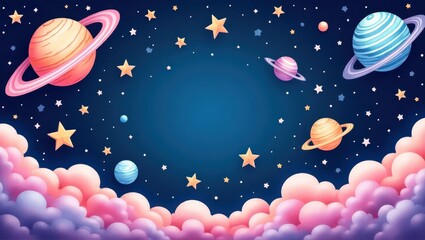 A whimsical, cartoonish space scene features pastel planets with rings, stars of varying sizes, and fluffy pink and peach clouds at the bottom against a dark blue night sky, 