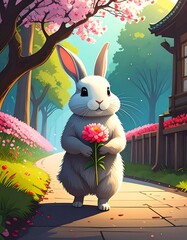 Cute rabbit holding flower in a serene garden