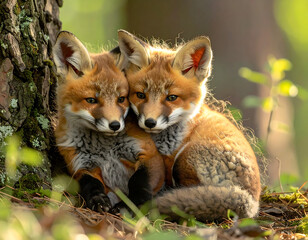 Obraz premium Two adorable red fox kits cuddling close together near a tree trunk in a forest.