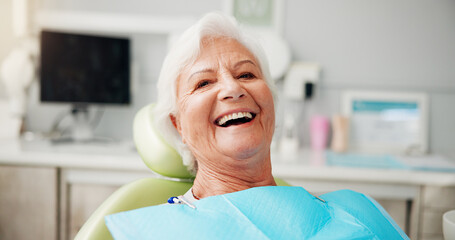 Portrait, smile and senior woman at dentist for teeth whitening results, dentures or oral hygiene. Healthcare, chair and elderly patient in clinic for root canal treatment, dental implants or filling