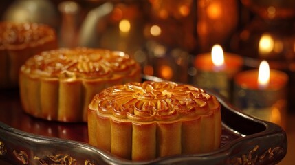 A beautifully arranged table with traditional Chinese mooncakes, intricately designed golden patterns,