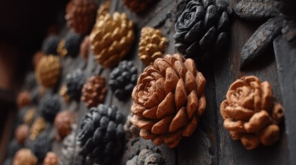 Decorative pine cone-like motifs on a dark wooden surface.
