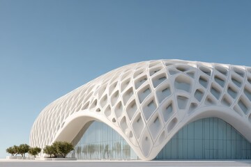 Modern, light-colored building with intricate facade under clear sky