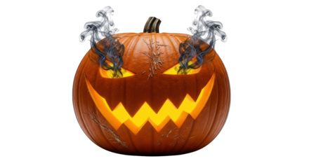 Spooky jack o lantern with smoke on transparent background