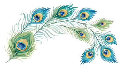 Obraz premium Elegant Peacock Feather Design, Watercolor Frame Border, Nature Illustration, Artistic Composition, Vibrant Colors, Serenity