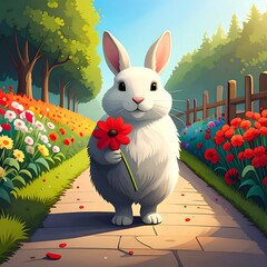 Cute rabbit in a flower garden