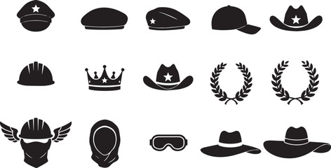Collection of black silhouette icons representing various hats and protective headwear Keywords: cap, hat, police cap, beret, military cap, cowboy hat, hard hat, helmet, crown, laurel wreath