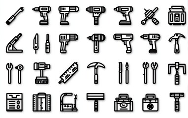 Collection of black outline hand tools and power tools
