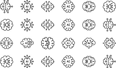 Artificial Intelligence Line Icons Set – Neural Network, Machine Learning, Cloud Computing, AI Brain, Data Processing, Deep Learning, Chip, Automation and Technology Vector Illustration for Web, App, 