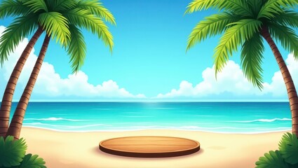 Obraz premium A vibrant tropical beach scene with two palm trees flanking a circular wooden platform on a sandy beach, overlooking a calm turquoise ocean under a bright blue sky with fluffy white clouds