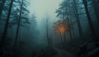 Obraz premium A dark and eerie forest background with a winding path and mysterious glowing orange lights.